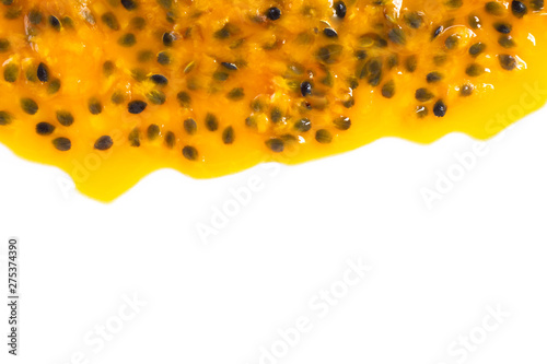 Closeup top view passion fruit seed on white background, fruit for healthy concept photo