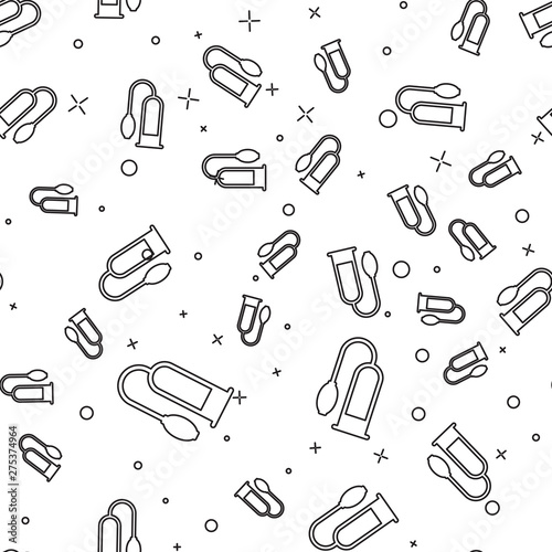 Black line Penis pump icon isolated seamless pattern on white background. Penis enlarger. Sex toy for men. Vacuum pump with a blower to increase the penis. Vector Illustration