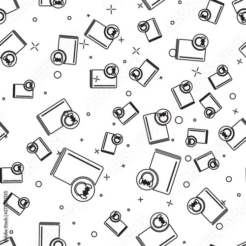 Black line Audio book icon isolated seamless pattern on white background. Book with headphones. Audio guide sign. Online learning concept. Vector Illustration