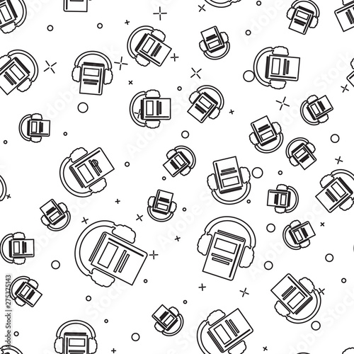Black line Audio book icon isolated seamless pattern on white background. Book with headphones. Audio guide sign. Online learning concept. Vector Illustration
