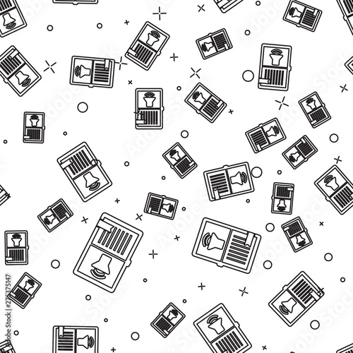 Black line Audio book icon isolated seamless pattern on white background. Audio guide sign. Online learning concept. Vector Illustration
