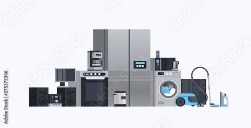 set different home appliances electric house equipment collection flat horizontal
