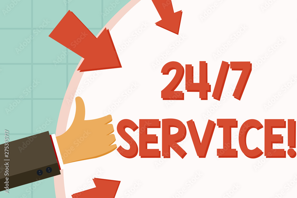 Text sign showing 24 Or 7 Service. Business photo showcasing service that is available any time and usually every day Hand Gesturing Thumbs Up and Holding on Blank Space Round Shape with Arrows Text sign showing 24 Or 7 Service. Business photo showcasing service that is available any time and usually every day Hand Gesturing Thumbs Up and Holding on Blank Space Round Shape with Arrows