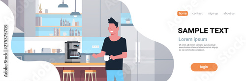 man using coffee machine controlled by smart speaker voice recognition concept modern kitchen interior flat horizontal portrait copy space