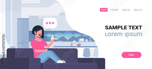 woman using smartphone smart speaker voice recognition concept chat bubble communication modern kitchen interior flat horizontal full length copy space