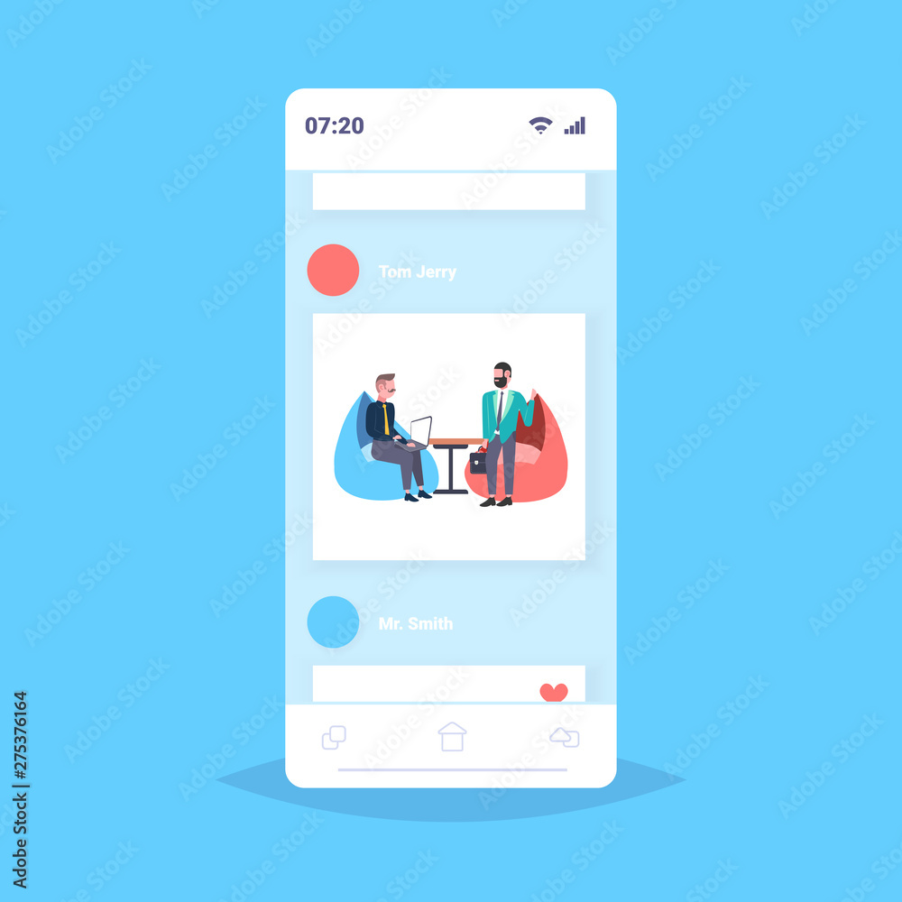 businessman using laptop and talking with his business partner businesspeople discussing new project communication teamwork concept smartphone screen mobile app flat full length businessman using laptop and talking with his business partner businesspeople discussing new project communication teamwork concept smartphone screen mobile app flat full length