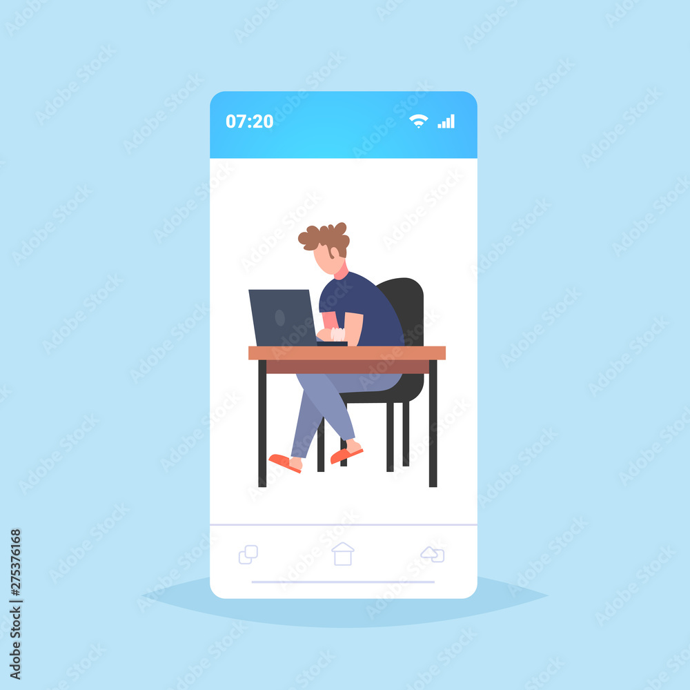 businessman freelancer sitting at workplace business man using laptop working process freelance concept male cartoon character smartphone screen mobile app flat full length businessman freelancer sitting at workplace business man using laptop working process freelance concept male cartoon character smartphone screen mobile app flat full length
