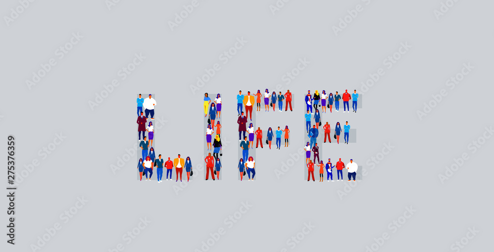Obraz premium big crowd of businesspeople showing life word shape business people standing together horizontal