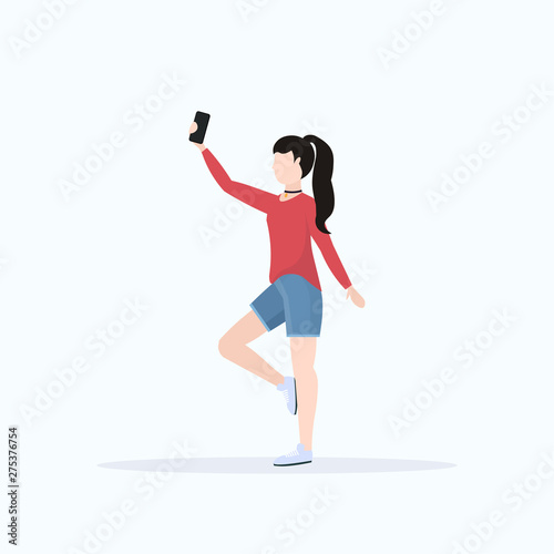 brunette woman taking selfie photo on smartphone camera casual female cartoon character posing white background flat full length