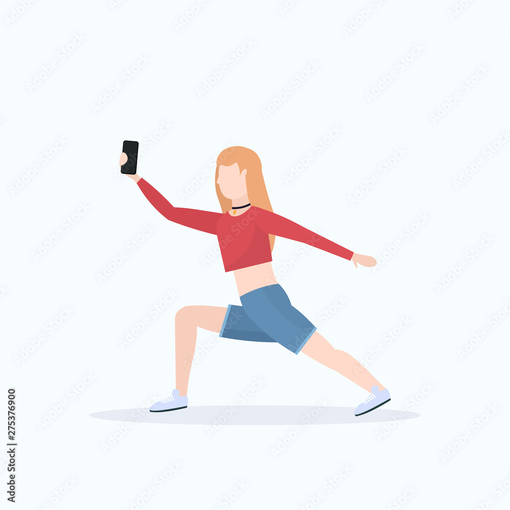 woman taking selfie photo on smartphone camera casual female cartoon character posing white background flat full length woman taking selfie photo on smartphone camera casual female cartoon character posing white background flat full length