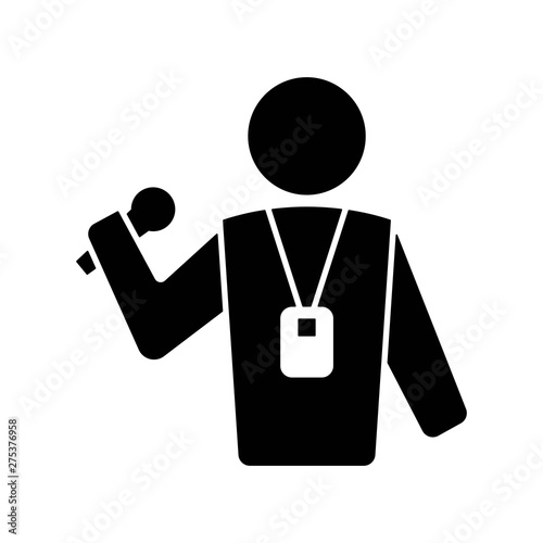 Journalist icon. Vector reporter, news and media pictogram. Black silhouettes of journalist with microphone and id card object isolated on white
