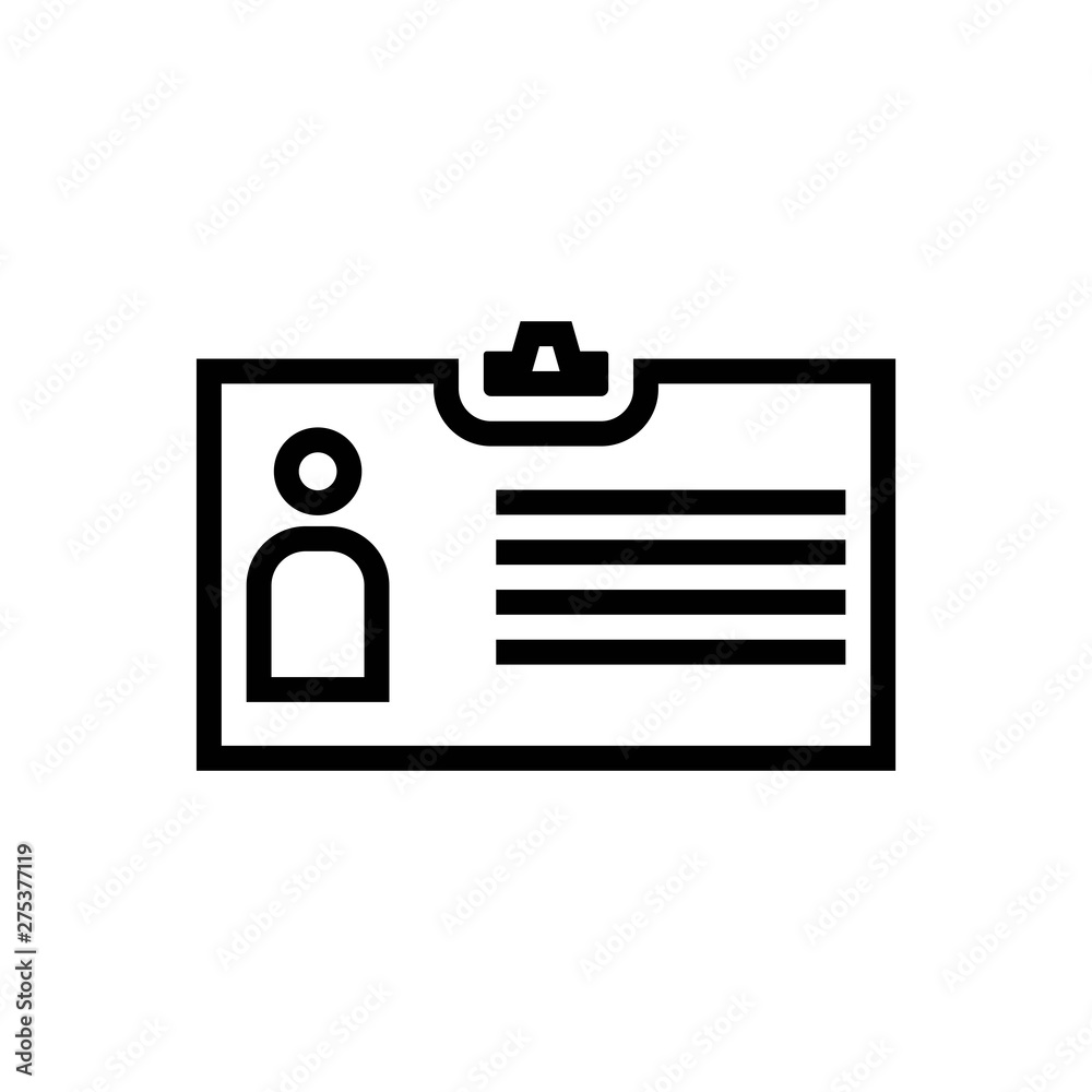 Identification card black icon in line style. vector of badge pictogram. Black silhouettes of id card object isolated on white.- vector Identification card black icon in line style. vector of badge pictogram. Black silhouettes of id card object isolated on white.- vector