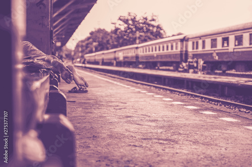 Thonburi Railway Station in Bangkok, Thailand : 22 may, 2017 - Thonburi train station, formerly known as the Bangkok Noi railway station.Foot of the homeless Sleeping.soft focus,retro vintage style. photo