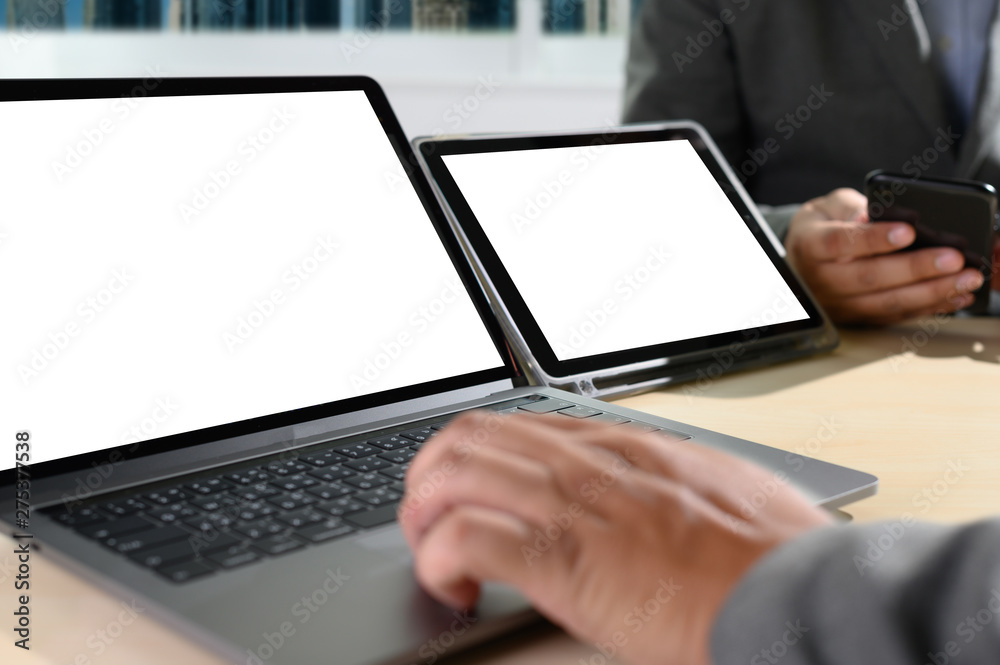Laptop with blank screen on table. Workspace background new project on laptop computer with blank copy space screen for your advertising text message Laptop with blank screen on table. Workspace background new project on laptop computer with blank copy space screen for your advertising text message