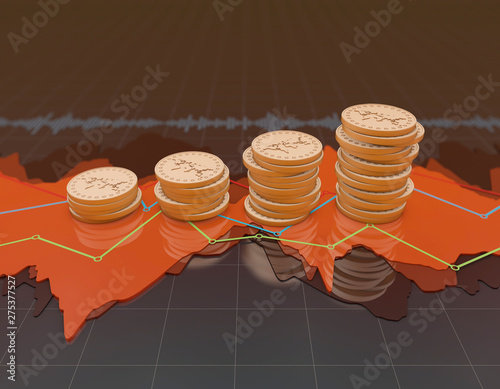 Financial stock market chart, economic curve and gold coins,world map photo