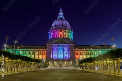 San Francisco City Hall illuminated in rainbow colors for the Pride Parade. photo