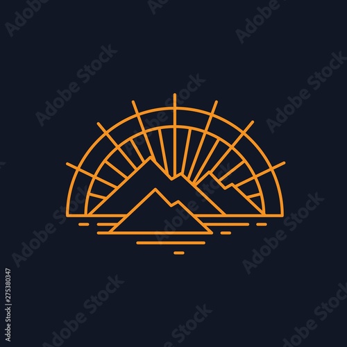 Mountain landscape with sun light line art illustration