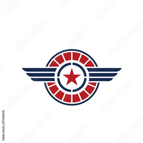 American veteran circle badge with wings and star in blue and red color