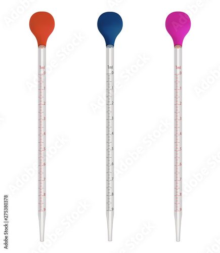 Measured pipettes for chemical and biochemical research. Glass vessel used for accurate measurement, dosing of liquid volume. Set of pipettes with rubber pears of different colors. Vector illustration