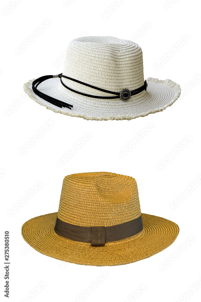 Vintage pretty straw hat isolated on white background. Beside view.