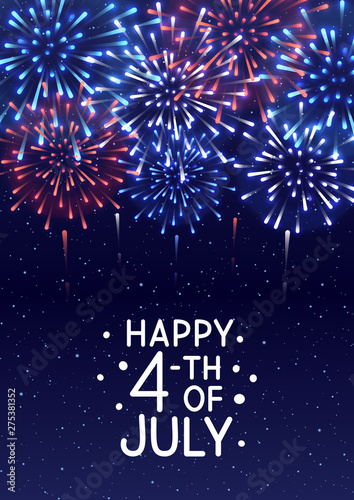Shiny fireworks on starry sky background for Independence day design