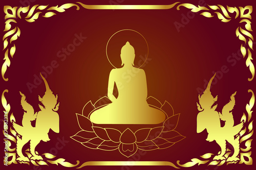 silhouette Buddha in traditional frame border with girl half bird