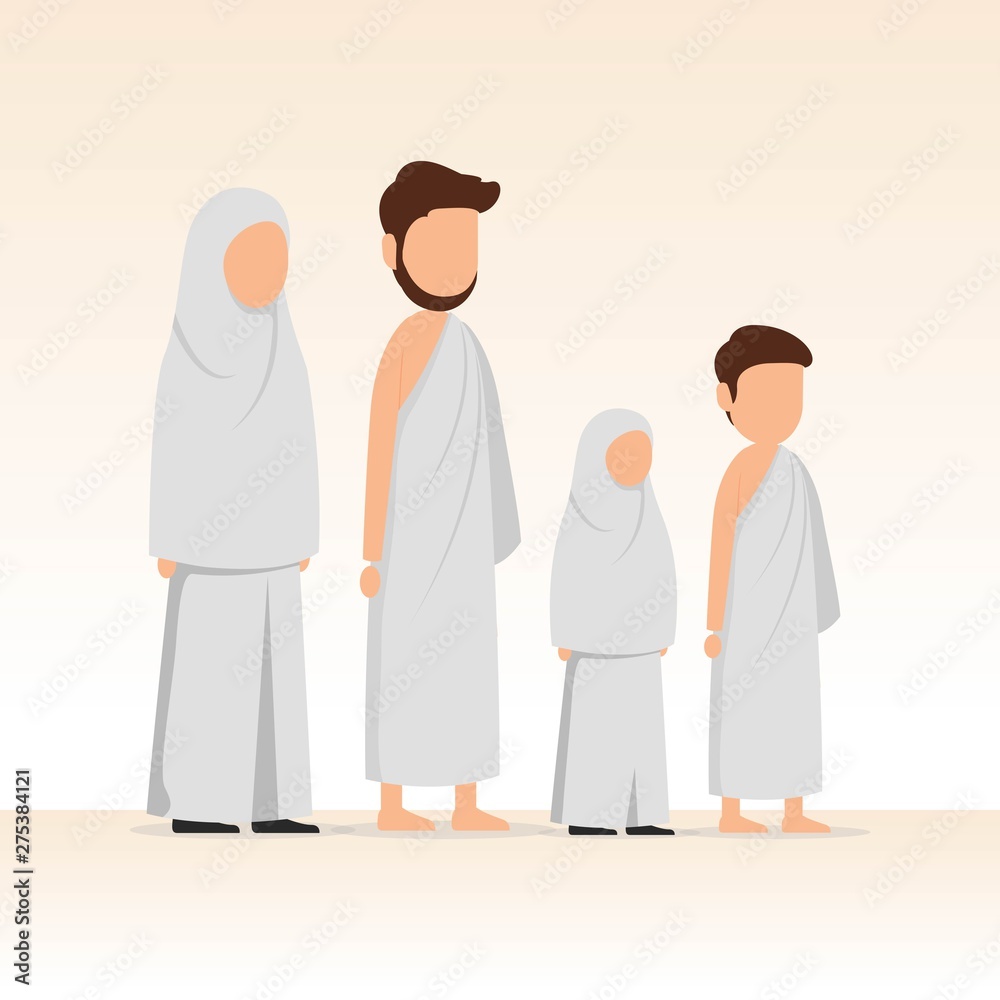Muslim family wearing ihram for hajj and umrah pilgrimage. Vector cartoon illustration Muslim family wearing ihram for hajj and umrah pilgrimage. Vector cartoon illustration