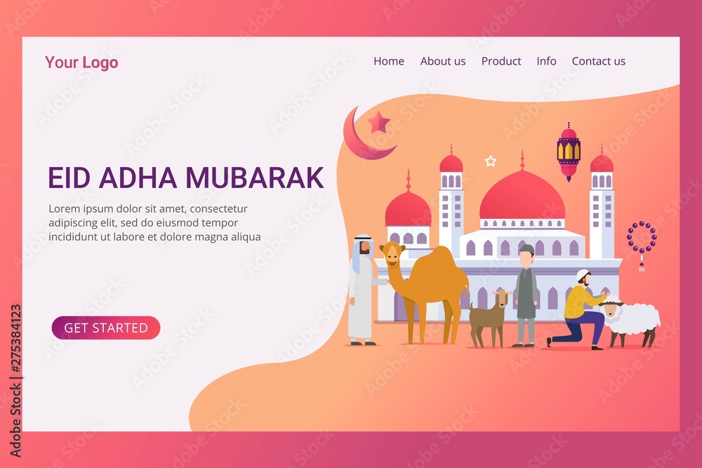 Landing page Eid adha mubarak with tiny people character design concept Hajj and Umrah season. Vector illustration