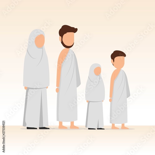 Muslim family wearing ihram for hajj and umrah pilgrimage. Vector cartoon illustration