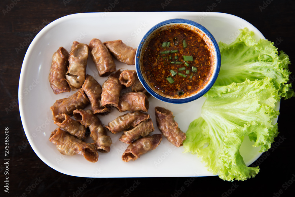 Deep fried pork small intestine or Chitterlings internal organs of pig