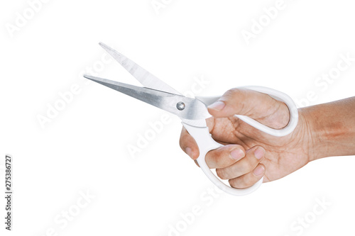 Hand is holding white scissors isolated on white background.
