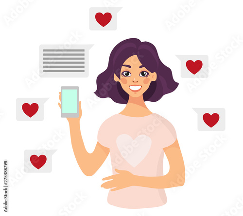 The concept of virtual communication social networks. The girl with the smartphone smiles and receives messages and likes. Vector illustration in cartoon style.