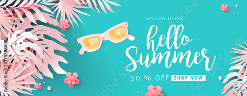 Summer sale design with paper cut tropical beach bright Color background layout banners .Orange sunglasses concept.voucher discount.Vector illustration template.