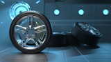 Car tires in a futuristic room. Alloy wheels. 3D visualization