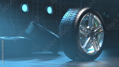 Car tires in a futuristic room. Alloy wheels. 3D visualization © evgeniy