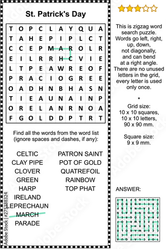 St. Patrick's Day themed zigzag word search puzzle (suitable both for kids and adults). Answer included.