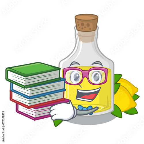 Student with book lemon oil poured in cartoon glass