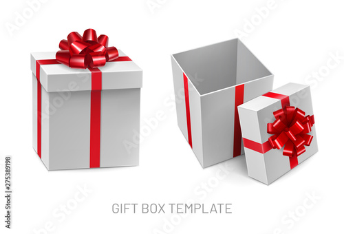 Opened and closed cardboard square boxes with sparkling red ribbon. Christmas box for competition winner prize with silk tape decoration. Side view of realistic white 3d container vector illustration.