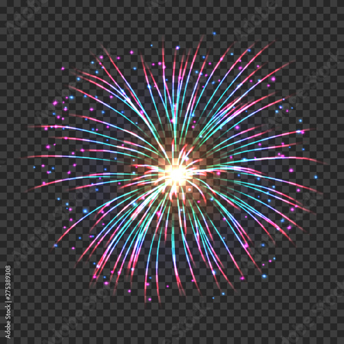 Festive fireworks with pink and blue shining sparks. Colorful pyrotechnics vector element. Realistic fireworks celebration isolated on transparent background. Fantastic light performance in night sky.