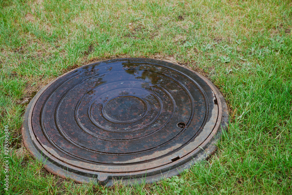 Closed sewer well on grass