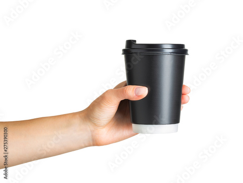 Woman hand holding coffee paper drinking cup