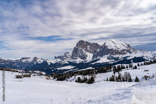 Beautiful winter landscape view from the seiser alm to langkofel and plattkofel mountain in south tyrol