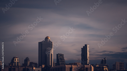 Aerial view of Bangkok modern office highrise buildings, condominium in Bangkok city downtown with sunset sky , Bangkok , Thailand © Parichart