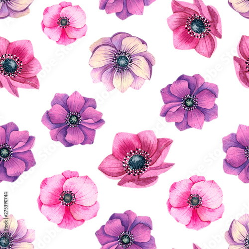 Seamless floral pattern. Watercolor anemones and leaves on white background. Romantic design for fabric, paper, wallpaper.