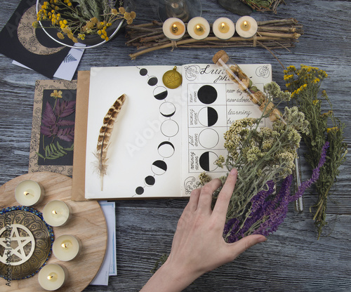 Witch preparing ingredients for moon ritual photo