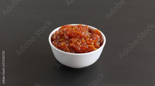 Aam chunda or raw mango preserve is an Indian vegetarian side dish, with jam-like texture, for items like chapati, poori, roti and idli, native to the state of Gujarat, India.