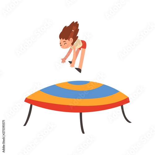 Happy Girl Jumping on Trampoline, Smiling Little Kid Bouncing and Having Fun on Trampoline Cartoon Vector Illustration