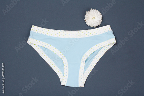 Beautiful women's panties with flower on gray background.