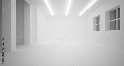 Abstract architectural white interior of a minimalist house with neon lighting. 3D illustration and rendering.