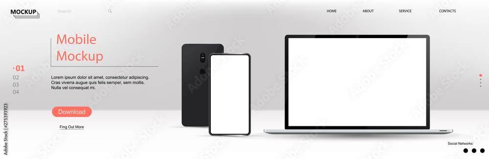 Laptop and smartphone with blank screen. Vector template web page. 3D realistic mockups. View directly from gadgets and web page interface. 3D realistic devices. Vector Laptop and smartphone with blank screen. Vector template web page. 3D realistic mockups. View directly from gadgets and web page interface. 3D realistic devices. Vector